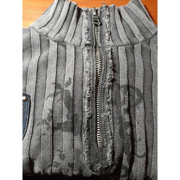 INC Mens Sweater L Skull Patch Tatoo Goth Graphic Turtle Neck 1/4 Zip Ribbed - Picture 15 of 16